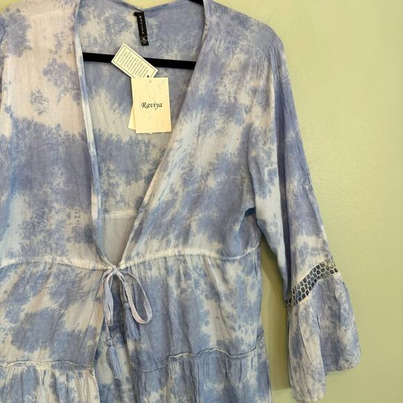 Raviya Women's Blue Tie-Dyed Lace Trim Bell-Sleeve Tiered Cover-Up Medium NWT - Picture 5 of 12